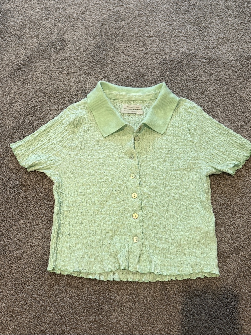 Textured Light Green Polo Button-Front cropped top